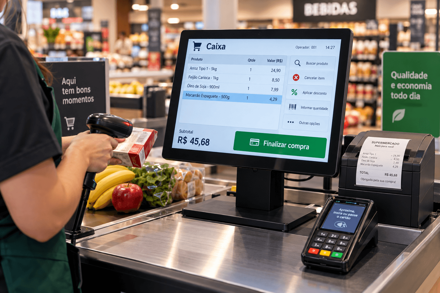 Terminal POS em ambiente de checkout do varejo