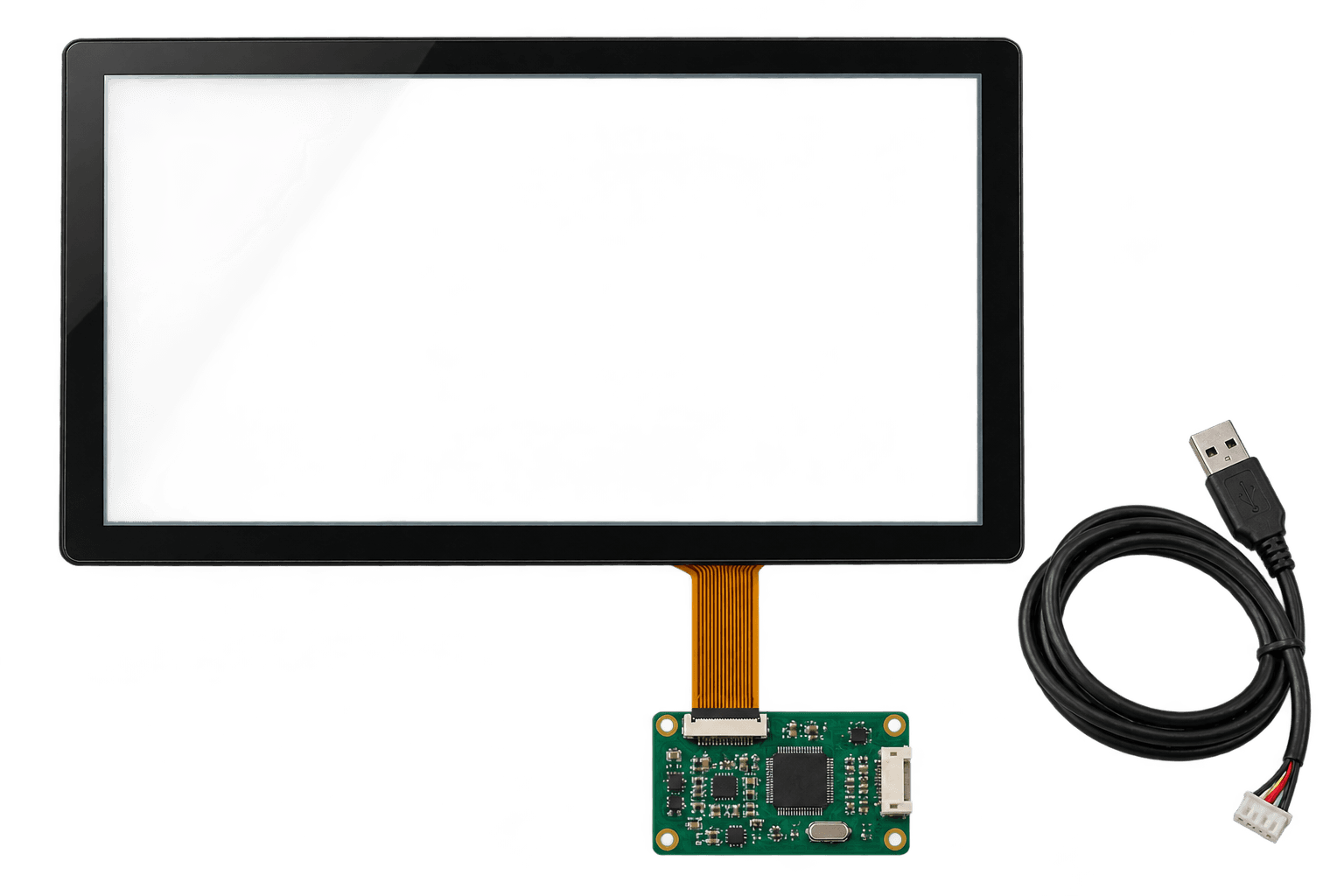 Módulo touch capacitivo com sensor, flex PCB, controlador touch e cabo de conexão
